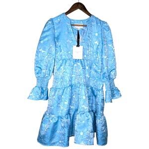 NEW Pomander Place Dress Womens Small Blue Daisy Jacquard Kenzo Tiered Mini